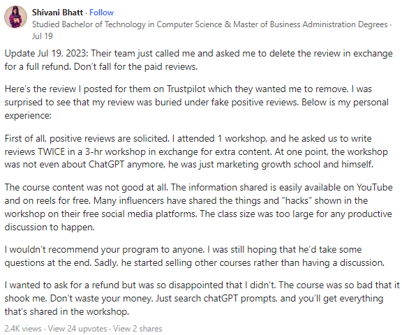 Growth School Product Management with AI Course Review 9 Growth School product management with AI course review on Quora